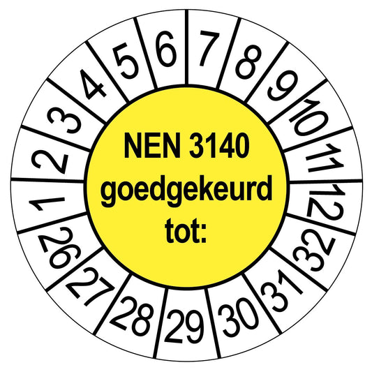 Gele keuringssticker NEN 3140 goedgekeurd tot, rond 35 mm, met maand- en jaarrand