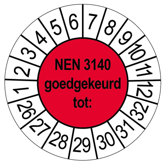 Rode keuringssticker NEN 3140 goedgekeurd tot, rond 35 mm, met maand- en jaarrand