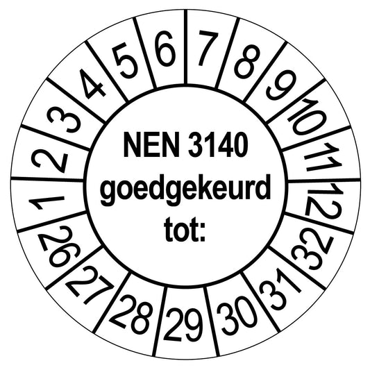 Witte keuringssticker NEN 3140 goedgekeurd tot, rond 35 mm, met maand- en jaarrand