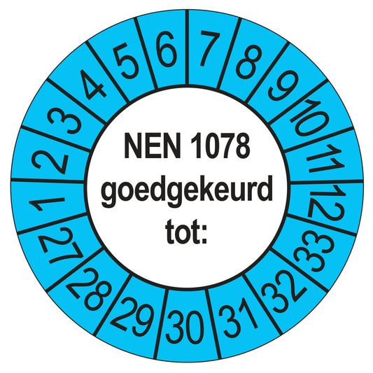 Keuringssticker NEN 1078 goedgekeurd tot, buiten blauw, Ø 35 mm