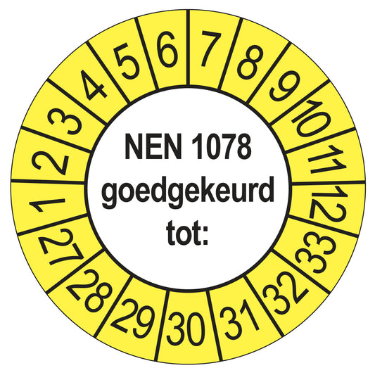 Keuringssticker NEN 1078 goedgekeurd tot, buiten geel, Ø 35 mm