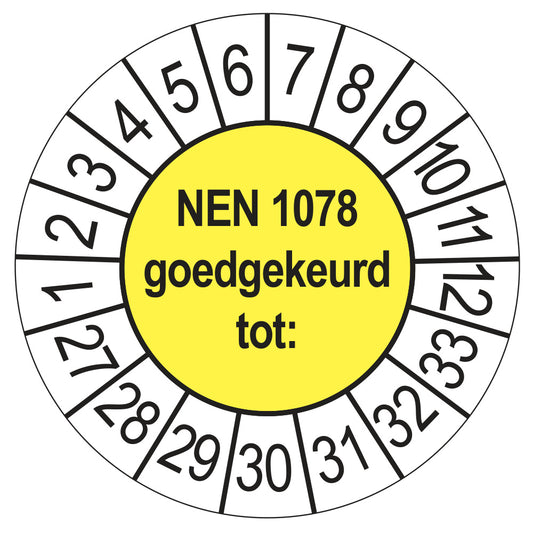 Keuringssticker NEN 1078 goedgekeurd tot, geel, Ø 35 mm