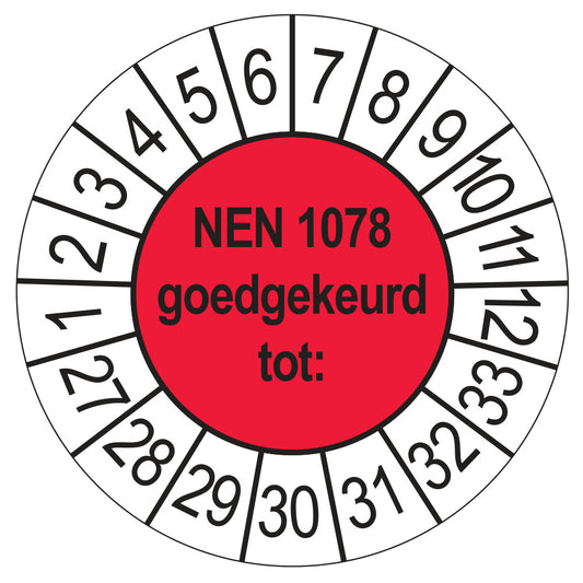 Keuringssticker NEN 1078 goedgekeurd tot, rood, Ø 35 mm