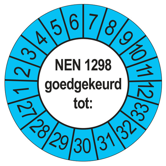 Keuringssticker NEN 1298 goedgekeurd tot, buiten blauw, Ø 35 mm