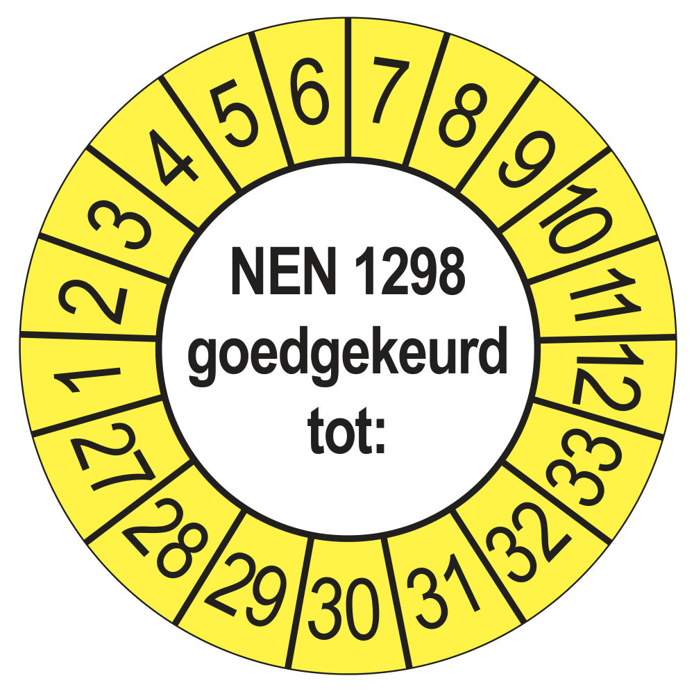 Keuringssticker NEN 1298 goedgekeurd tot, buiten geel, Ø 35 mm