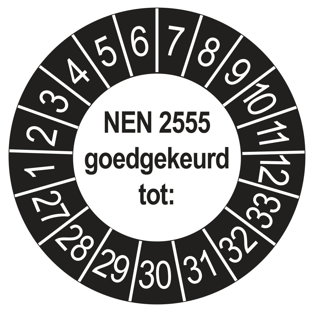 Keuringssticker NEN 2555 buiten zwart, rond 35 mm