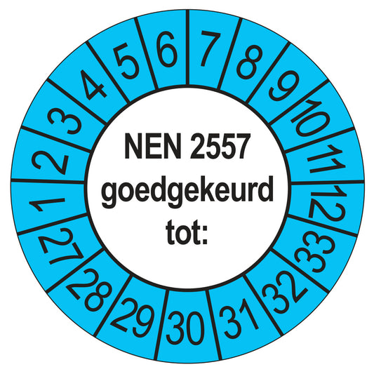 Keuringssticker NEN 2557 goedgekeurd tot, buiten blauw, Ø 35 mm
