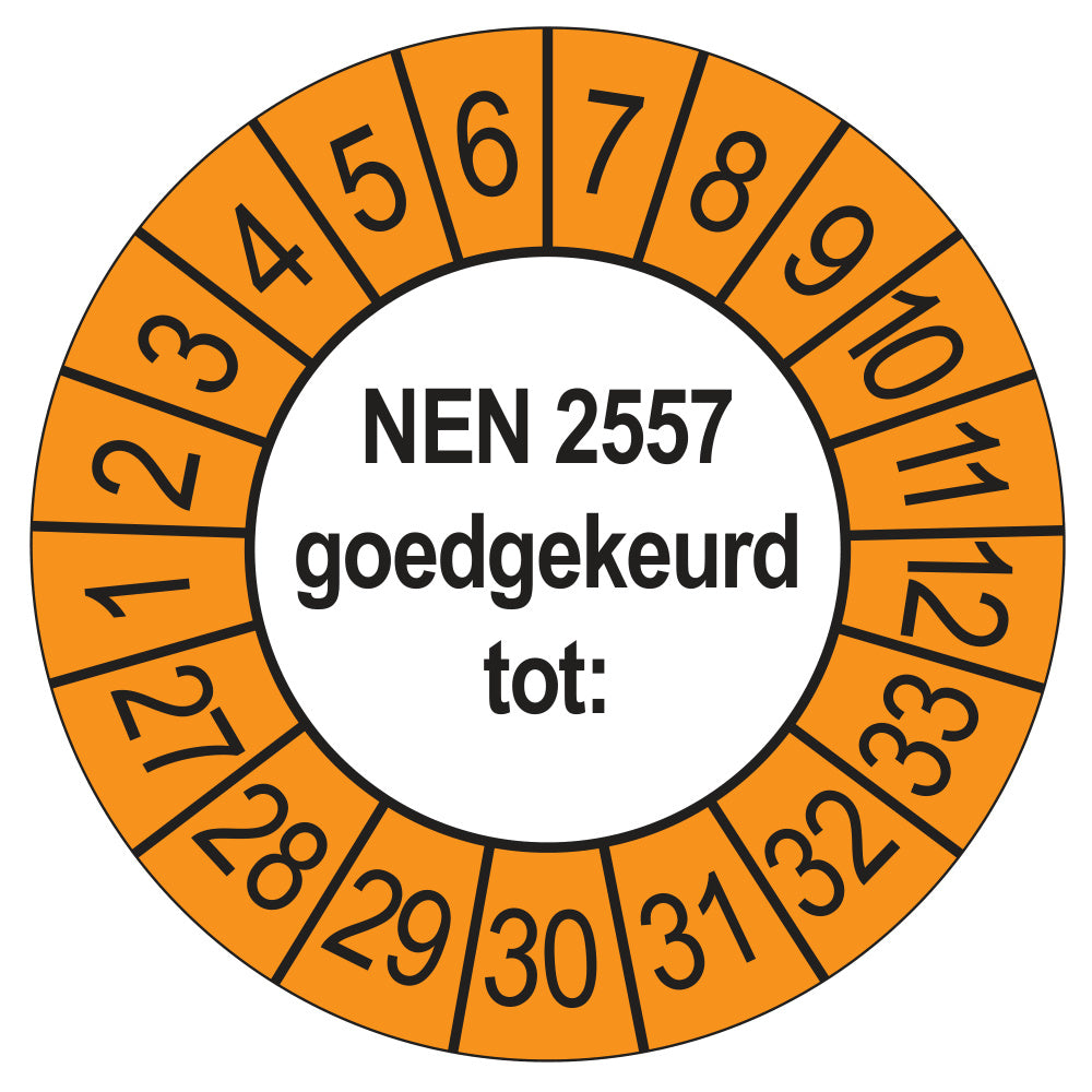 Keuringssticker NEN 2557 goedgekeurd tot, buiten oranje, Ø 35 mm