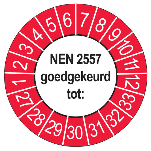Keuringssticker NEN 2557 goedgekeurd tot, buiten rood, Ø 35 mm