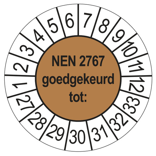 Keuringssticker NEN 2767 bruin, rond 35 mm