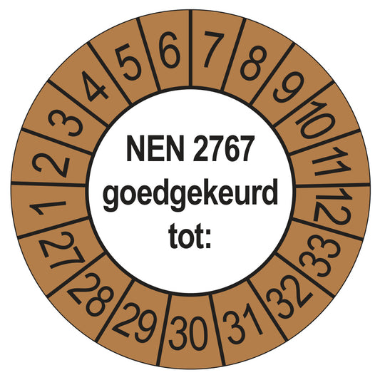 Keuringssticker NEN 2767 buiten bruin, rond 35 mm