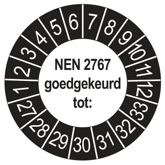 Keuringssticker NEN 2767 buiten zwart, rond 35 mm