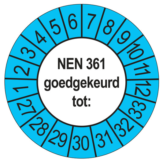 Keuringssticker NEN 361 buiten blauw, rond 35 mm
