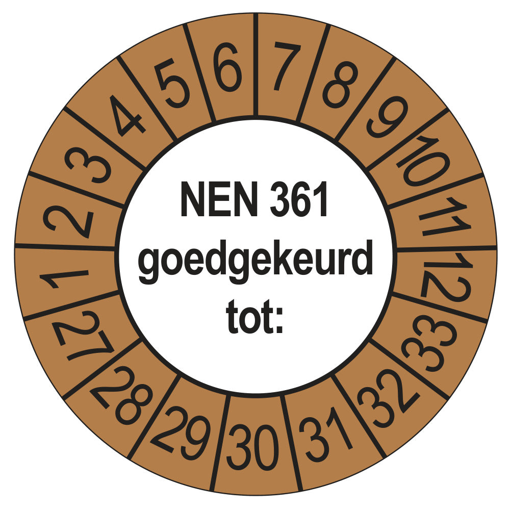 Keuringssticker NEN 361 buiten bruin, rond 35 mm