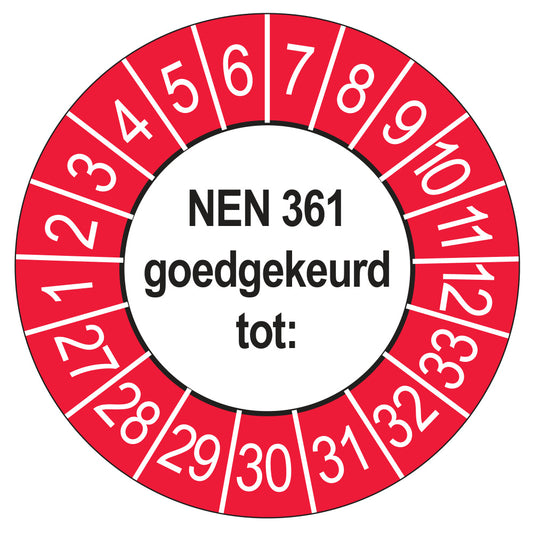 Keuringssticker NEN 361 buiten rood, rond 35 mm
