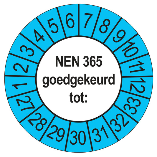 Keuringssticker NEN 365 buiten blauw, rond 35 mm