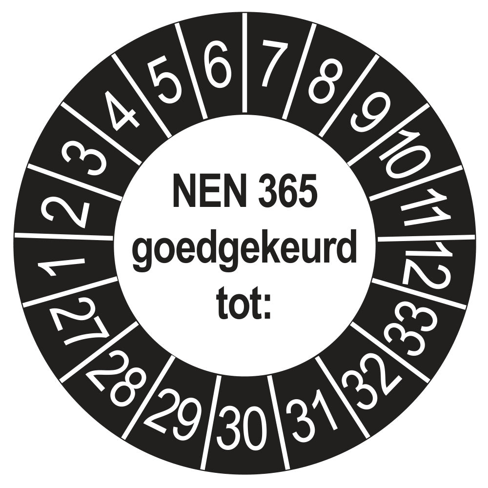 Keuringssticker NEN 365 buiten zwart, rond 35 mm