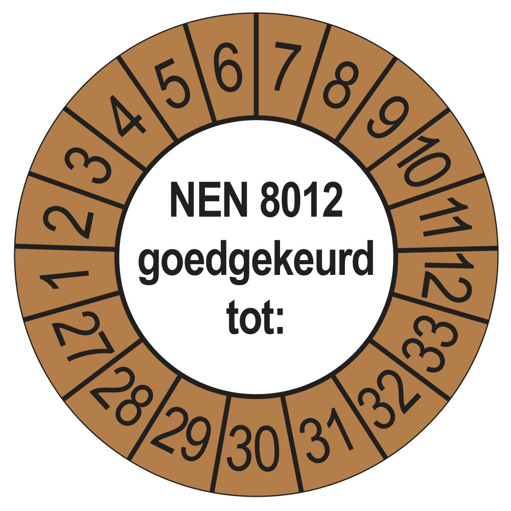 Keuringssticker NEN 8012 buiten bruin, rond 35 mm