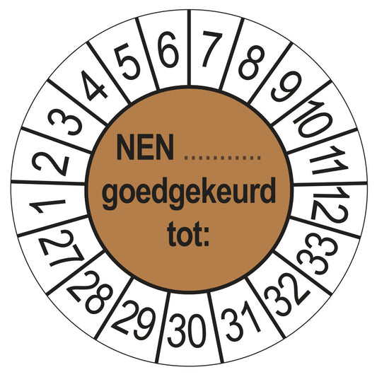 Keuringsstickers NEN (zelf in te vullen) Goedgekeurd tot 2027 | 50 stuks, Ø 35 mm | Bruin