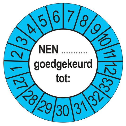 Keuringsstickers NEN (zelf in te vullen) Goedgekeurd tot 2027 | 50 stuks, Ø 35 mm | Buiten Blauw