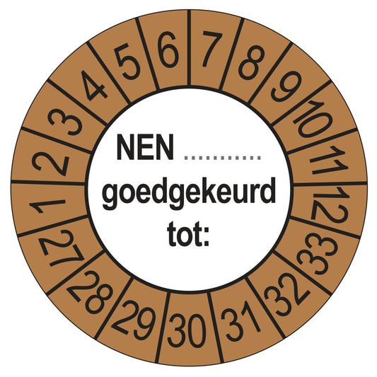 Keuringsstickers NEN (zelf in te vullen) Goedgekeurd tot 2027 | 50 stuks, Ø 35 mm | Buiten Bruin