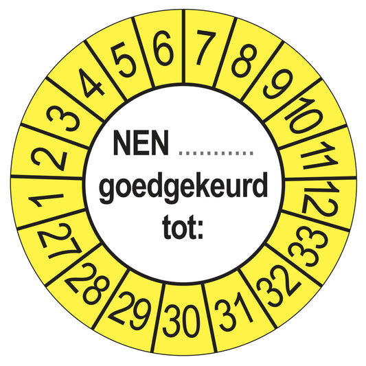 Keuringsstickers NEN (zelf in te vullen) Goedgekeurd tot 2027 | 50 stuks, Ø 35 mm | Buiten Geel