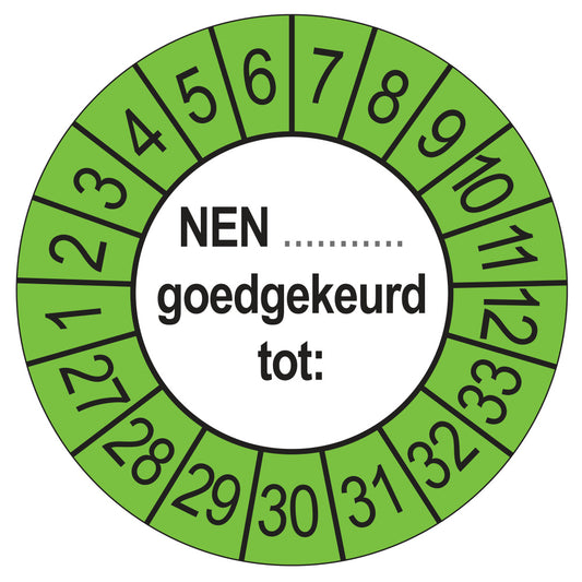 Keuringsstickers NEN (zelf in te vullen) Goedgekeurd tot 2027 | 50 stuks, Ø 35 mm | Buiten Groen