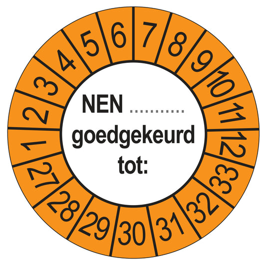 Keuringsstickers NEN (zelf in te vullen) Goedgekeurd tot 2027 | 50 stuks, Ø 35 mm | Buiten Oranje