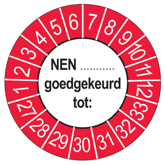 Keuringsstickers NEN (zelf in te vullen) Goedgekeurd tot 2027 | 50 stuks, Ø 35 mm | Buiten Rood