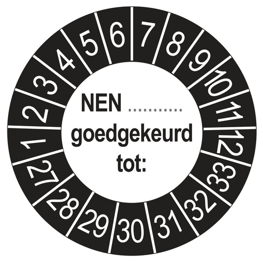 Keuringsstickers NEN (zelf in te vullen) Goedgekeurd tot 2027 | 50 stuks, Ø 35 mm | Buiten Zwart