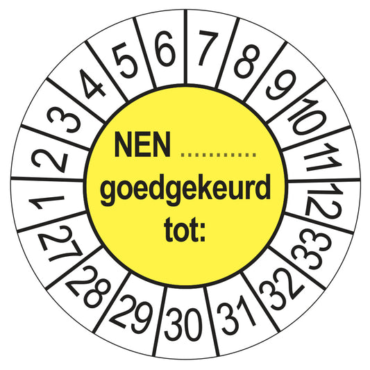 Keuringsstickers NEN (zelf in te vullen) Goedgekeurd tot 2027 | 50 stuks, Ø 35 mm | Geel