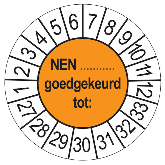 Keuringsstickers NEN (zelf in te vullen) Goedgekeurd tot 2027 | 50 stuks, Ø 35 mm | Oranje