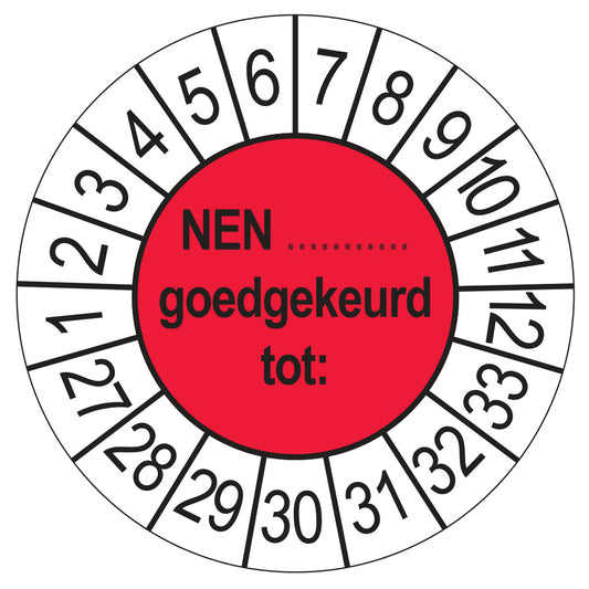Keuringsstickers NEN (zelf in te vullen) Goedgekeurd tot 2027 | 50 stuks, Ø 35 mm | Rood