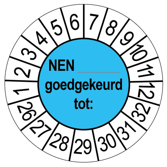 Keuringssticker NEN goedgekeurd tot, rond 35 mm, blauw, met de maanden 1 tot 12 en de jaren 26 tot 32 rondom