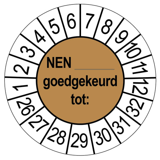 Keuringssticker NEN goedgekeurd tot, rond 35 mm, bruin, met de maanden 1 tot 12 en de jaren 26 tot 32 rondom
