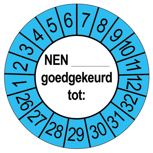 Keuringssticker NEN goedgekeurd tot, rond 35 mm, blauw voor buiten, met de maanden 1 tot 12 en de jaren 26 tot 32 rondom