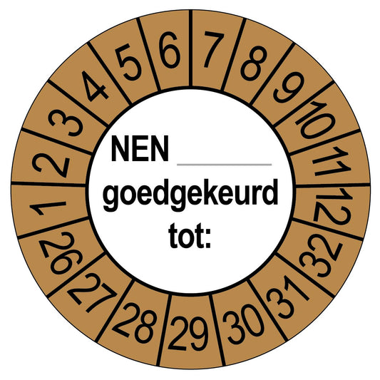 Keuringssticker NEN goedgekeurd tot, rond 35 mm, bruin voor buiten, met de maanden 1 tot 12 en de jaren 26 tot 32 rondom