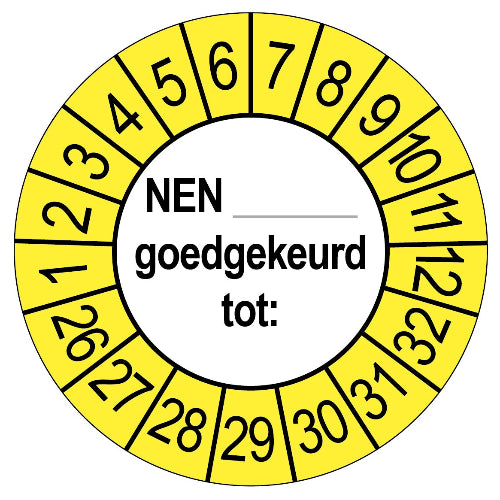 Keuringssticker NEN goedgekeurd tot, rond 35 mm, geel voor buiten, met de maanden 1 tot 12 en de jaren 26 tot 32 rondom
