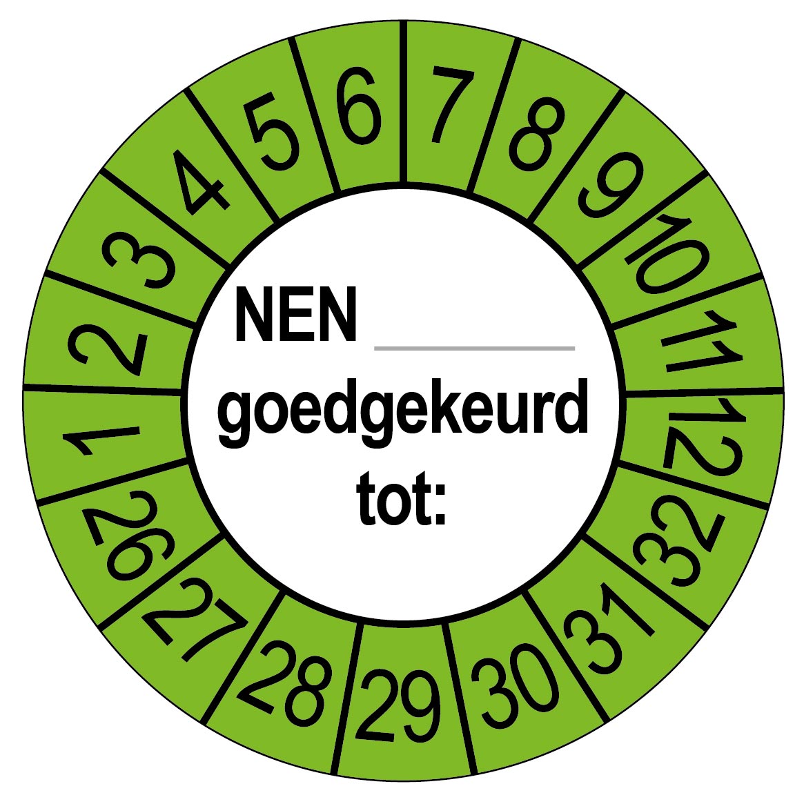 Keuringsstickers NEN..... Goedgekeurd tot | 50 stuks 10 strips 35mm | Buiten Groen