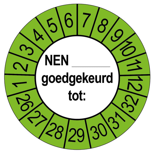 Keuringssticker NEN goedgekeurd tot, rond 35 mm, groen voor buiten, met de maanden 1 tot 12 en de jaren 26 tot 32 rondom