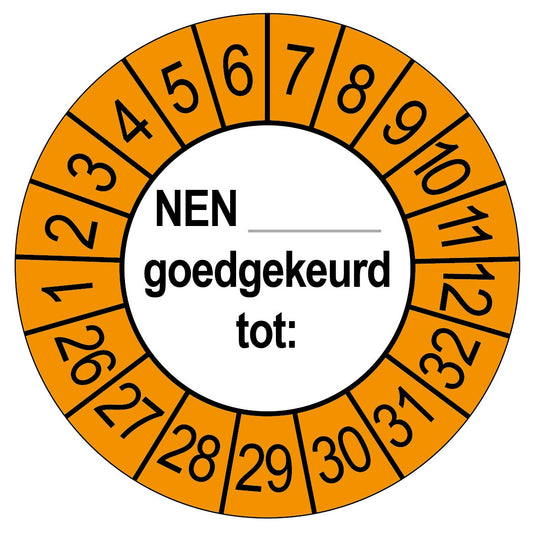 Keuringssticker NEN goedgekeurd tot, rond 35 mm, oranje voor buiten, met de maanden 1 tot 12 en de jaren 26 tot 32 rondom