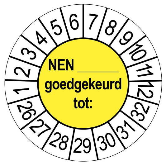 Keuringssticker NEN goedgekeurd tot, rond 35 mm, geel, met de maanden 1 tot 12 en de jaren 26 tot 32 rondom