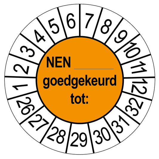 Keuringssticker NEN goedgekeurd tot, rond 35 mm, oranje, met de maanden 1 tot 12 en de jaren 26 tot 32 rondom
