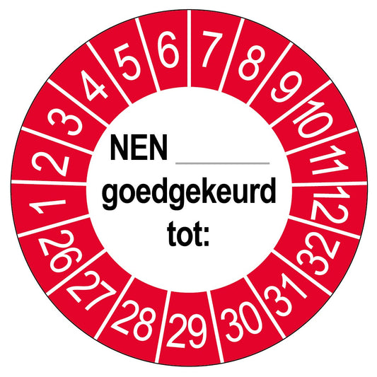 Keuringssticker NEN goedgekeurd tot, rond 35 mm, rood, met de maanden 1 tot 12 en de jaren 26 tot 32 rondom