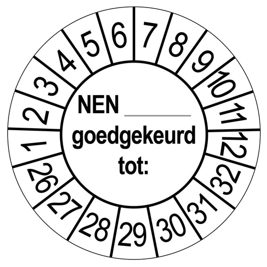 Keuringssticker NEN goedgekeurd tot, rond 35 mm, wit, met de maanden 1 tot 12 en de jaren 26 tot 32 rondom