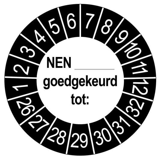 Keuringssticker NEN goedgekeurd tot, rond 35 mm, zwart voor buiten, met de maanden 1 tot 12 en de jaren 26 tot 32 rondom