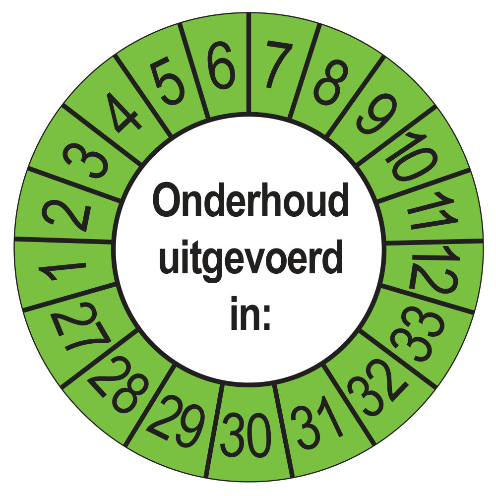 Keuringsstickers Onderhoud Uitgevoerd 2027 | 50 stuks, Ø 35 mm | Buiten Groen