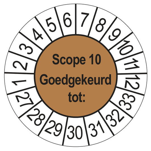 Keuringssticker SCIOS Scope 10 Goedgekeurd tot, bruin, Ø 35 mm