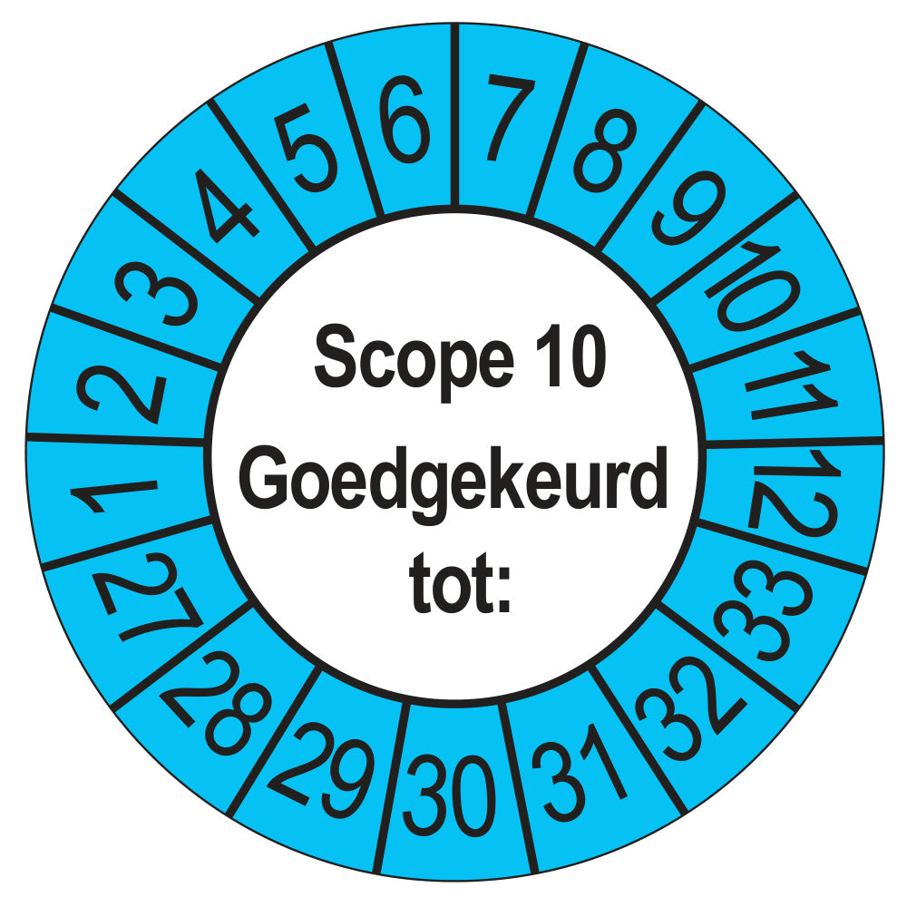 Keuringssticker SCIOS Scope 10 Goedgekeurd tot, buiten blauw, Ø 35 mm