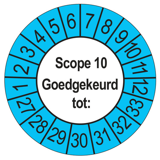 Keuringssticker SCIOS Scope 10 Goedgekeurd tot, buiten blauw, Ø 35 mm